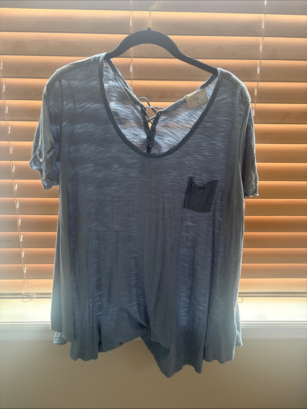 T.La Women's Blue Short Sleeve Pocket Tee with Lace-Up Back